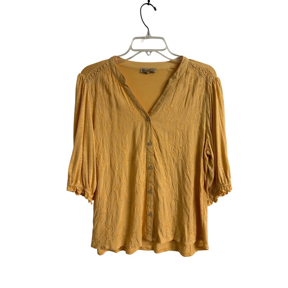 Democracy BOHO Top Womens‎ Large Yellow Floral Embroidered Button Front